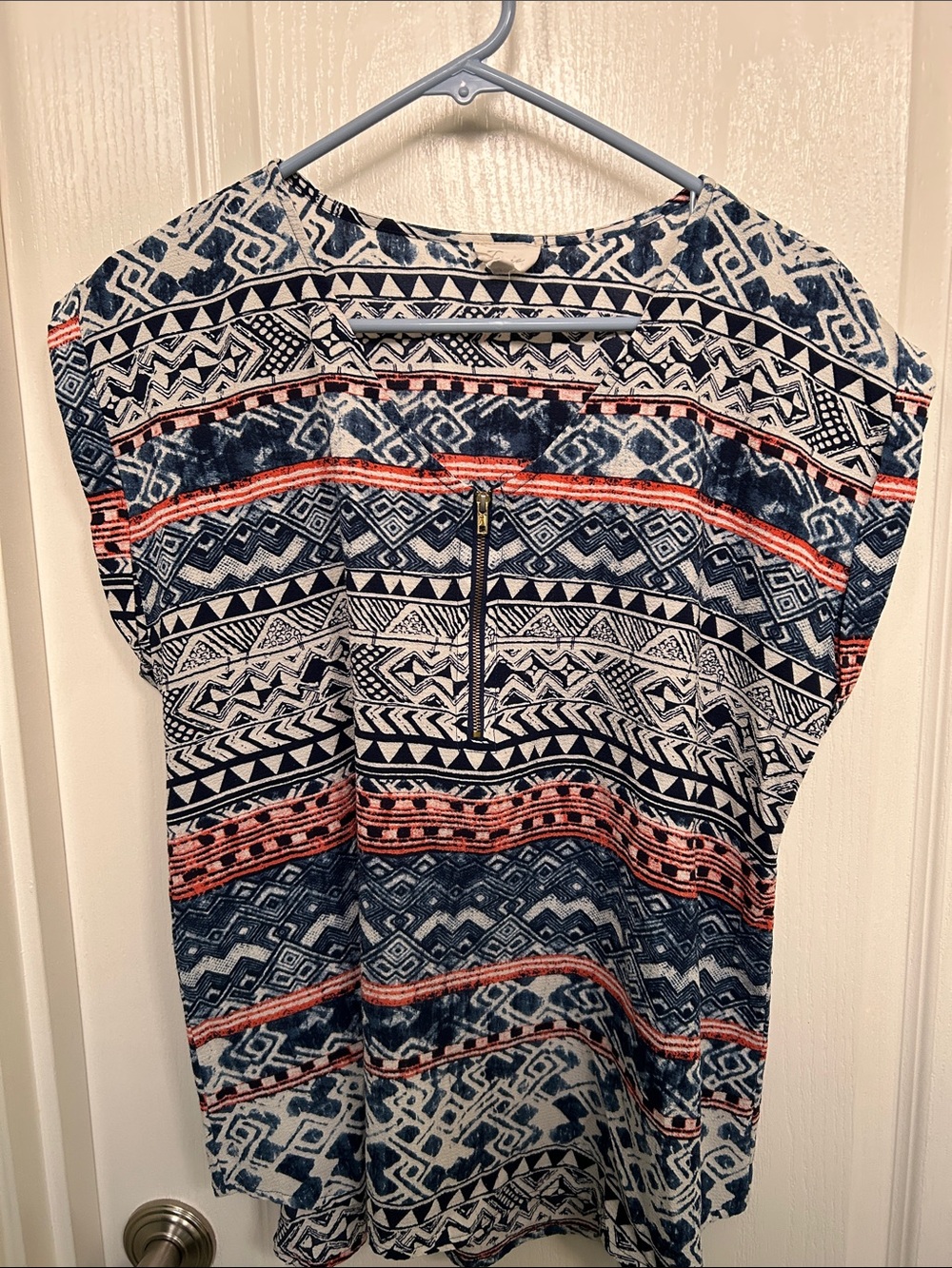 Navy & Coral Printed Short Sleeve Blouse with Zip Detail
